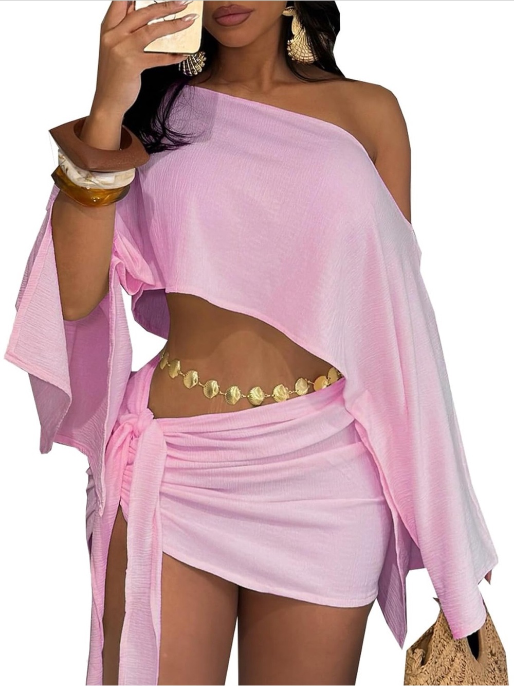 Light Pink One-Shoulder Women’s Swim Cover-Up Set